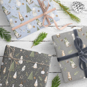 Snowy Forest Christmas Gnomes Pattern Wrapping Paper Sheet