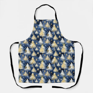 Snowy Forest Christmas Trees Blue And Gold Apron
