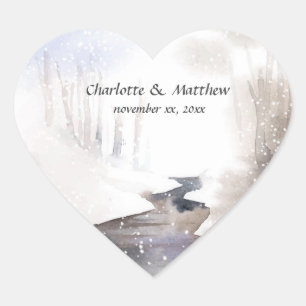 Snowy Forest, Fall, Winter Wedding Heart Sticker