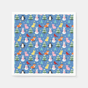 Snowy Forest Friends Cute Winter Animal Pattern Napkin
