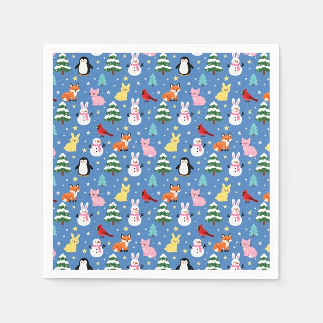 Snowy Forest Friends Cute Winter Animal Pattern Napkin (Front)