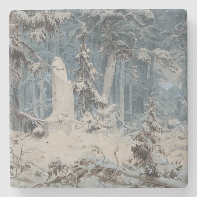 Snowy Forest in Winter (by Andreas Achenbach) Stone Coaster (Front)