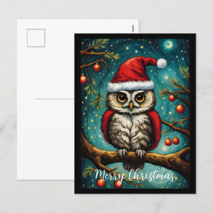 Snowy Forest Night Cute Owl Merry Christmas  Holiday Postcard
