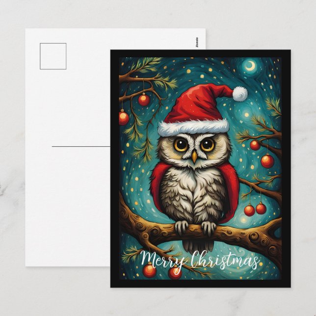 Snowy Forest Night Cute Owl Merry Christmas  Holiday Postcard (Front/Back)