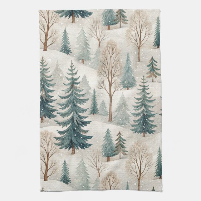 Snowy Forest Pattern – Peaceful Winter Landscape Kitchen Towel (Vertical)