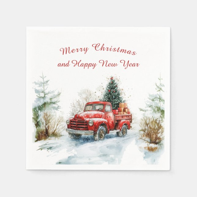 Snowy Forest Red Christmas Truck  Napkin (Front)