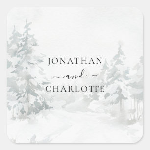 Snowy forest Watercolor winter landscape Wedding Square Sticker