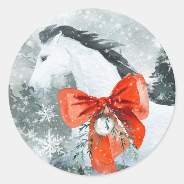 Snowy Forest White Horse Red Bow Holiday Portrait Classic Round Sticker (Front)