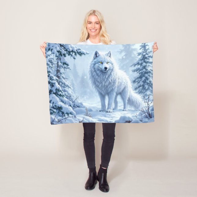 Snowy forest white wolf ice icicles decor  fleece blanket (In Situ)