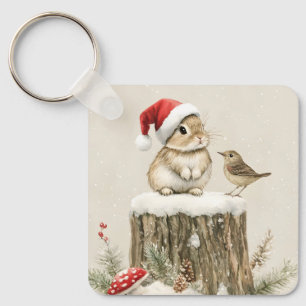 Snowy Forest Winter Woodland Christmas Bunny Bird Keychain