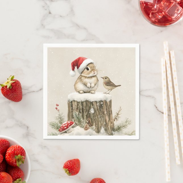 Snowy Forest Winter Woodland Christmas Bunny Bird  Napkin (Insitu)