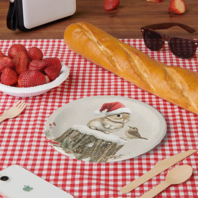 Snowy Forest Winter Woodland Christmas Bunny Bird  Paper Plate (Picnic)