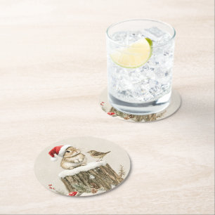 Snowy Forest Winter Woodland Christmas Bunny Bird  Round Paper Coaster