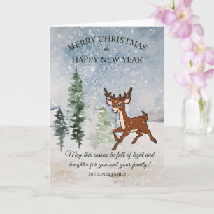 Snowy forest with a baby deer Christmas Card