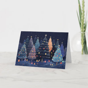Snowy Forest with Colourful Christmas Lights Card