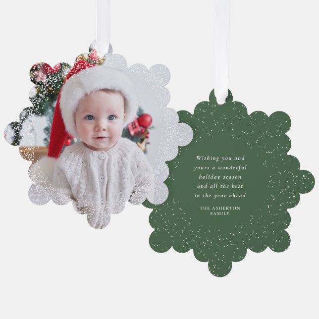 Snowy frame simple one photo green Merry Christmas Ornament Card (Front/Back)