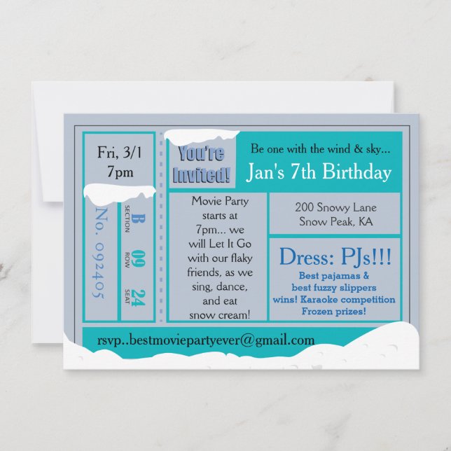 Snowy Froid Anniversaire Film Tix Invitation (Devant)