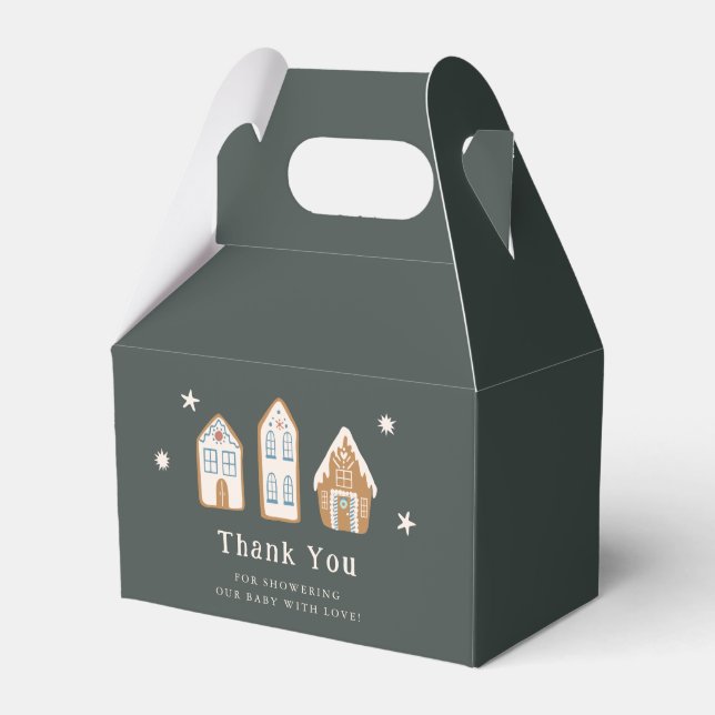 Snowy Gingerbread House Boy Baby Shower Favor Box (Front Side)