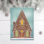 Snowy Gingerbread House Illustrated Holiday Card<br><div class="desc">Original illustration of a snowy gingerbread house with cookie trees and royal icing details. Editable greeting; add your own message or photo to the back.</div>