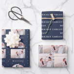 Snowy Globe Blue Merriest Christmas Photo Wrapping Paper Sheet<br><div class="desc">These beautiful winter blue and white Christmas wrapping paper sheets include an arch photo grid reminiscent of classic holiday snow globes, and a snow dot print background on dark blue. The second holiday design is traditional Merriest Christmas typography in white on a coordinating dark background, and the third is a...</div>