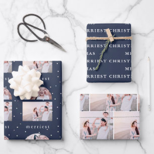 Snowy Globe Blue Merriest Christmas Photo Wrapping Paper Sheet