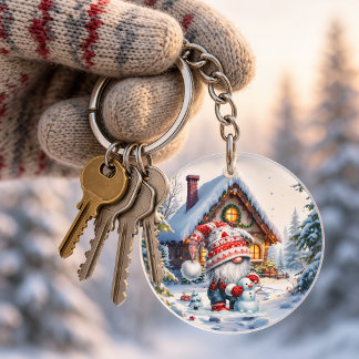 Snowy Gnome Cottage Keychain