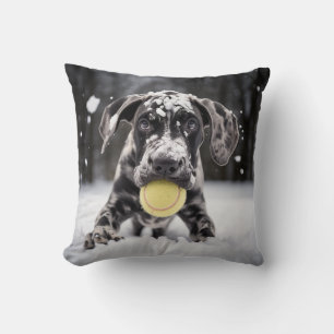 🐕 Snowy Great Dane puppy with🎾 tennis balls Throw Pillow