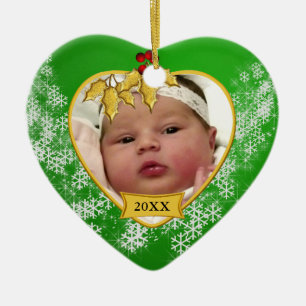 Snowy Green and Gold Baby's 1st Christmas Photo Ceramic Ornament