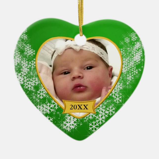 Snowy Green Baby's First Christmas Photo Ceramic Ornament (Front)