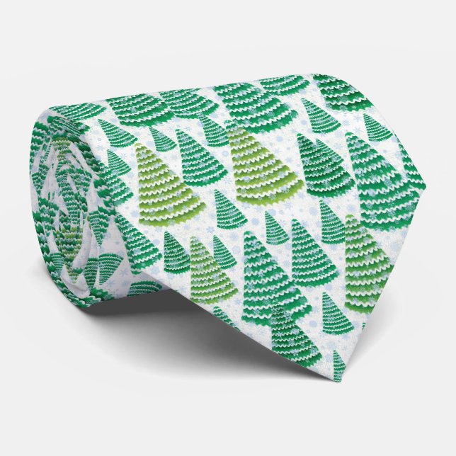 Snowy Green Christmas Trees Pattern Tie (Rolled)