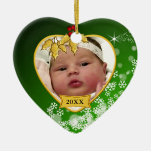 Snowy Green New Baby Photo Christmas Ceramic Ornament