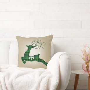 Snowy Green Plaid Christmas Reindeer Throw Pillow