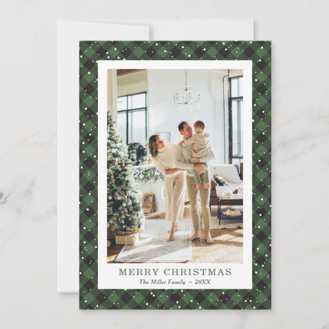 Snowy Green Plaid Photo Merry Christmas Card (Front)