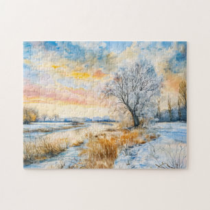 Snowy Havel River with Willowtree. Watercolor Jigsaw Puzzle