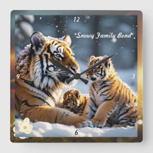 "Snowy Haven for Tiger Family" Square Wall Clock