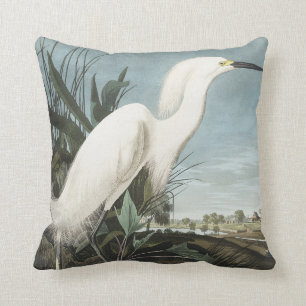 Snowy Heron or White Egret from Birds of America Throw Pillow