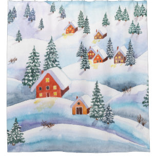 Snowy hills, houses: watercolor landscape
