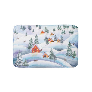 Snowy hills, houses: watercolor landscape bath mat