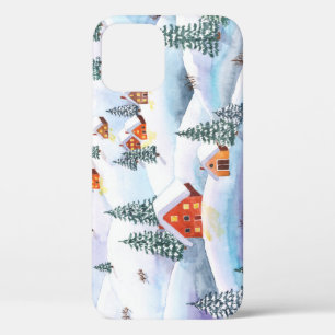 Snowy hills, houses: watercolor landscape iPhone 12 case
