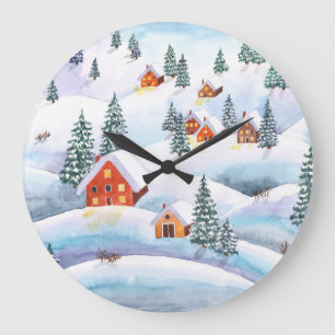 Snowy hills, houses: watercolor landscape large clock