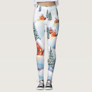 Snowy hills, houses: watercolor landscape leggings