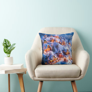 Snowy Hills Whimsical Christmas Village Throw Pillow