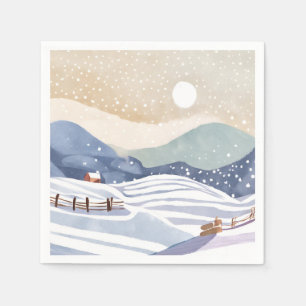 Snowy Hillside Watercolor Winter Napkin