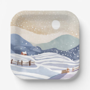 Snowy Hillside Watercolor Winter Paper Plate