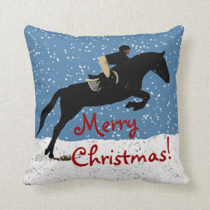 Snowy Horse Jumping Christmas Throw Pillow