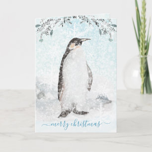 Snowy Icy Arctic Penguin Watercolor Holiday Card