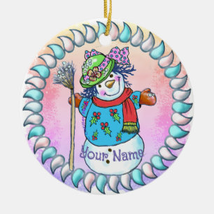 Snowy Lady Snowman Ceramic Ornament