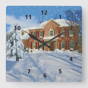 Snowy Landscape and Home Square Wall Clock