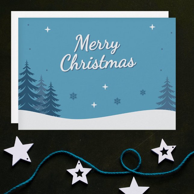 Snowy Landscape & Fir Trees - Blue Merry Christmas Holiday Card (Snowy Landscape & Fir Trees - Blue Merry Christmas Holiday Card)