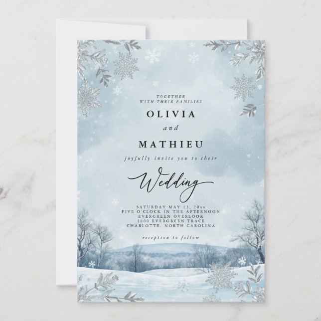 Snowy Landscape Flourish Wedding Invitation (Front)